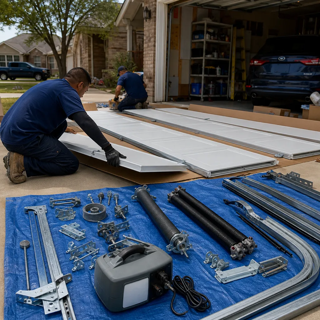 Professional technicians performing garage door installation with parts organized on a tarp.
