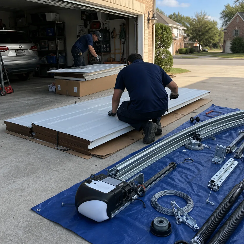 Two professional technicians performing a residential garage door installation