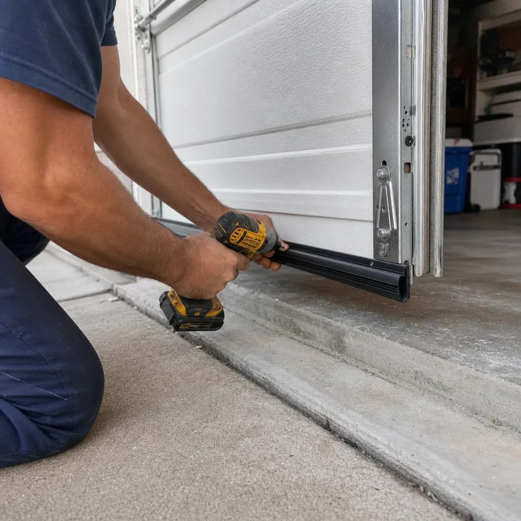 Technician using a power drill to install a garage door seal