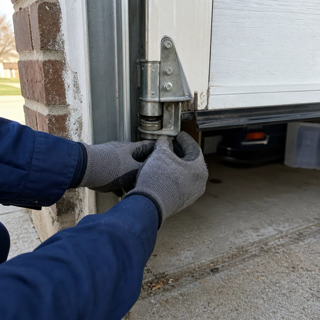 Technician performing emergency garage door hinge repair services in Double Oak, TX