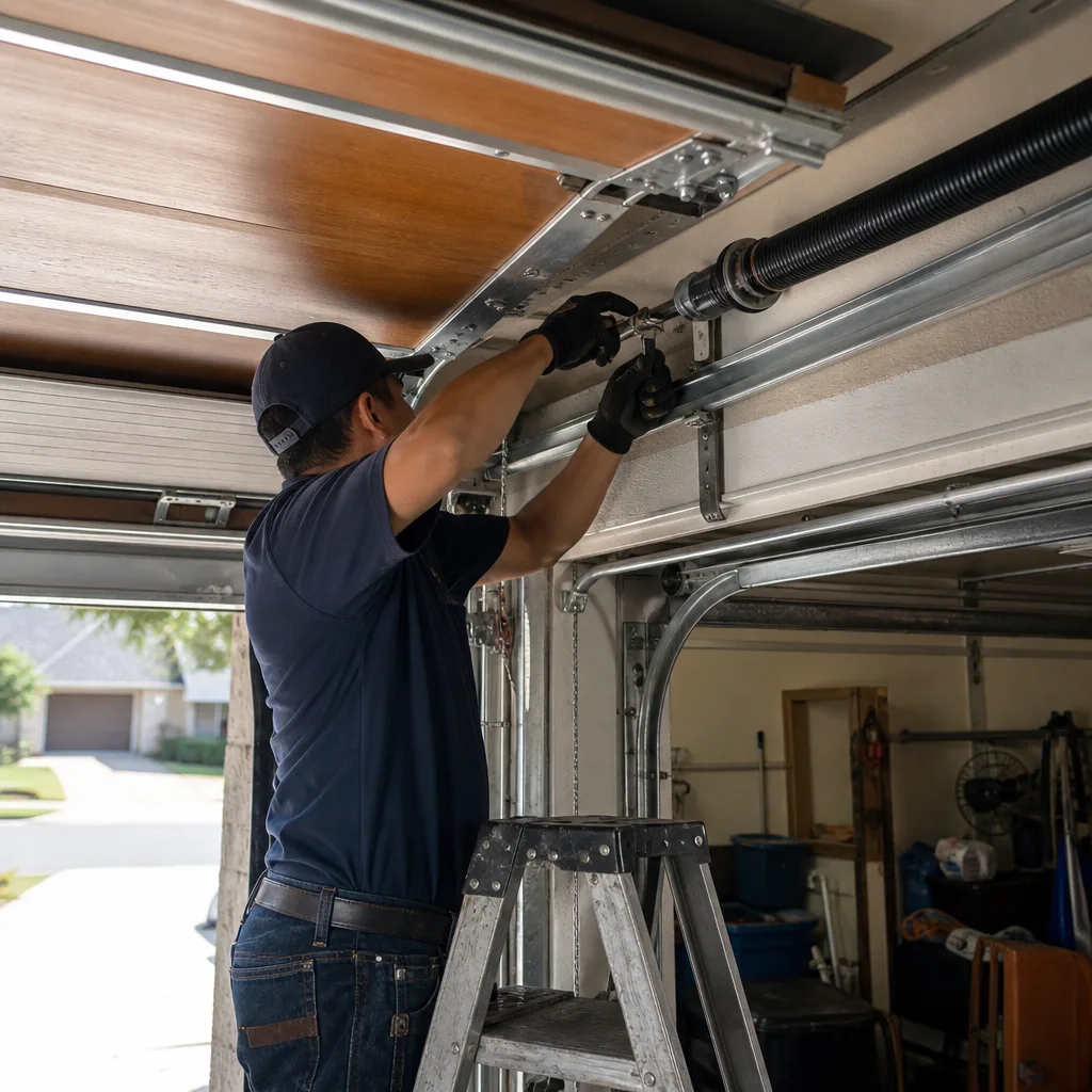 Technician performing emergency garage door spring repair on residential door in Double Oak, TX