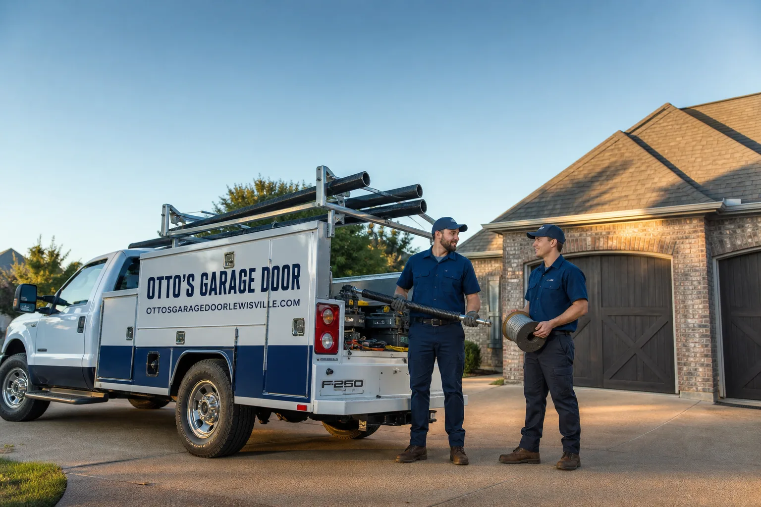 Otto's Garage Door garage door service vehicle and crew in Lewisville, TX